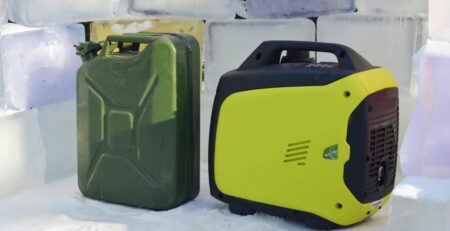 A gas can and a small generator in front of larger blocks of ice. There is snow on the ground beneath the items, too.