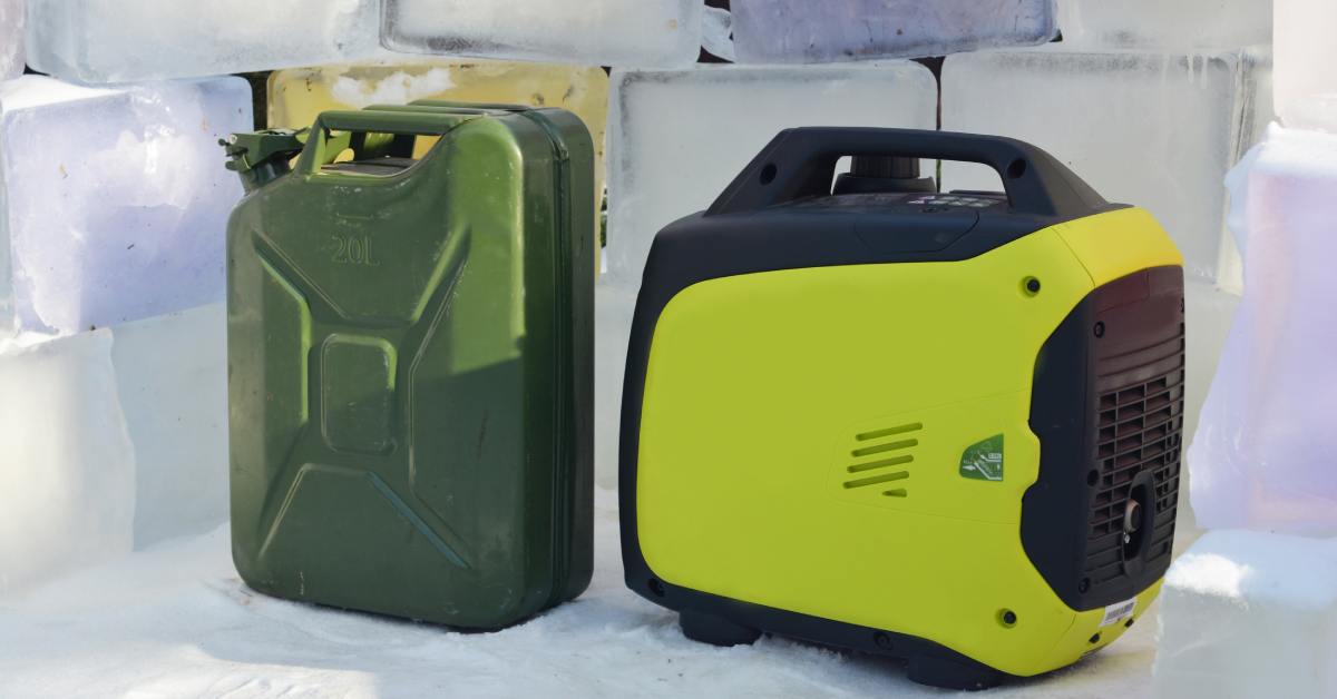 A gas can and a small generator in front of larger blocks of ice. There is snow on the ground beneath the items, too.