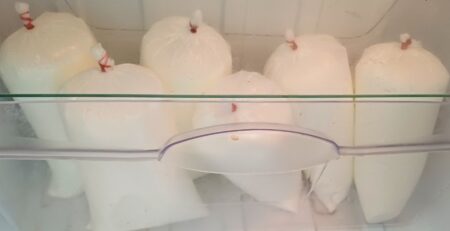 Six large bags of ice tied off with a red rubber band. The bags of ice are in a clear plastic container.