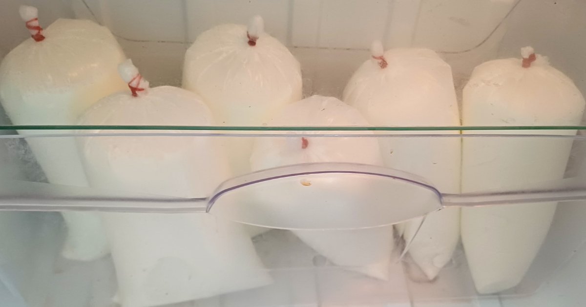 Six large bags of ice tied off with a red rubber band. The bags of ice are in a clear plastic container.