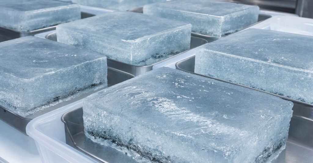 A table with rows of metal trays. Each tray has a large block of ice resting inside, with a small pool of water at the bottom.